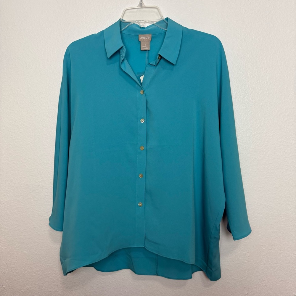 NWT Chicos Blue Button Down Collared Blouse Boxy Oversized Career Work - Picture 7 of 7